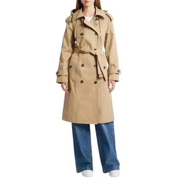 London Fog Women's Tan Light Brown British Khaki Poly Double Breasted Lined Tren - Picture 1 of 13